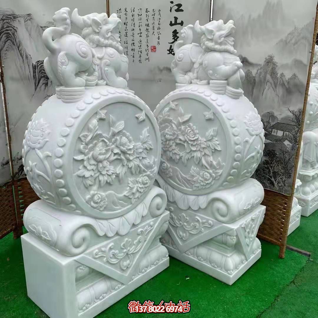 天然優(yōu)質(zhì)漢白玉浮雕麒麟抱鼓石，裝點你的庭院門口