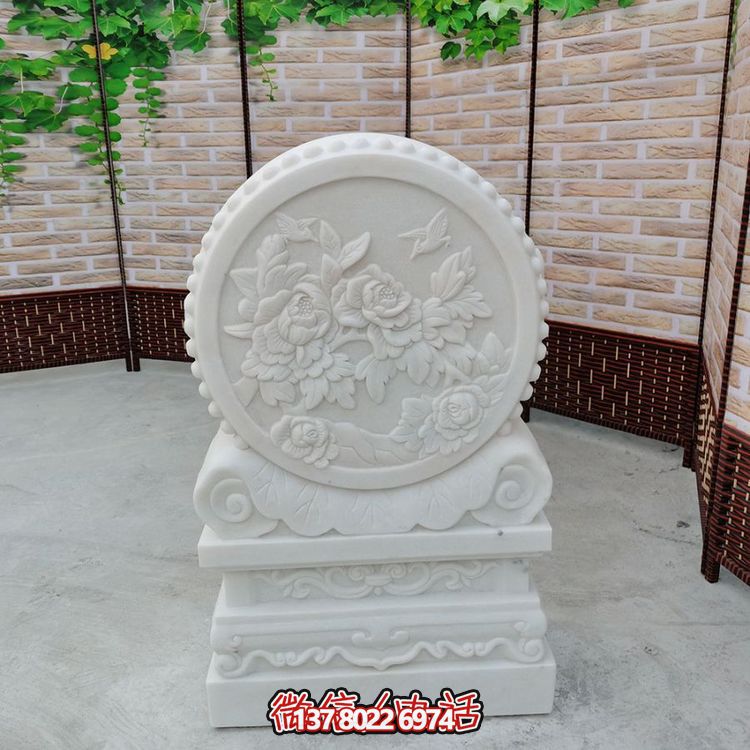 中式風格天然漢白玉石雕抱鼓浮雕門墩，花開富貴