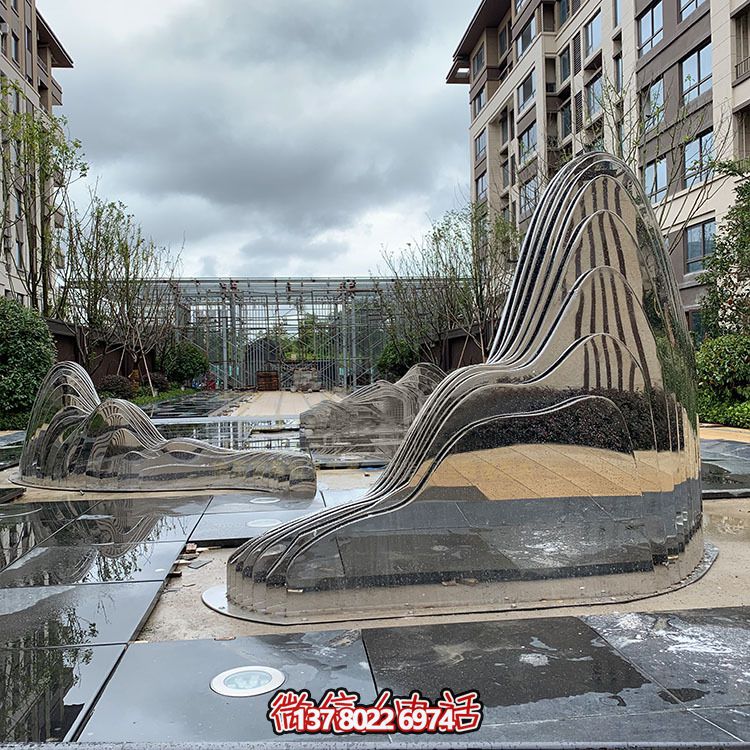假山雕塑+不銹鋼噴泉，完美結合抽象鏡面美學