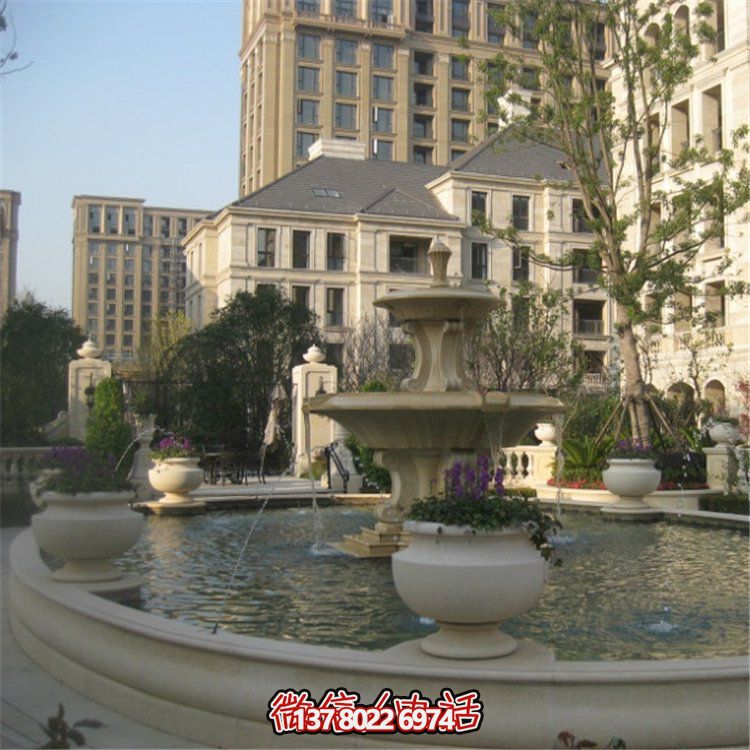 小區(qū)水池?cái)[放黃銹巖歐式流水二層水缽雕塑